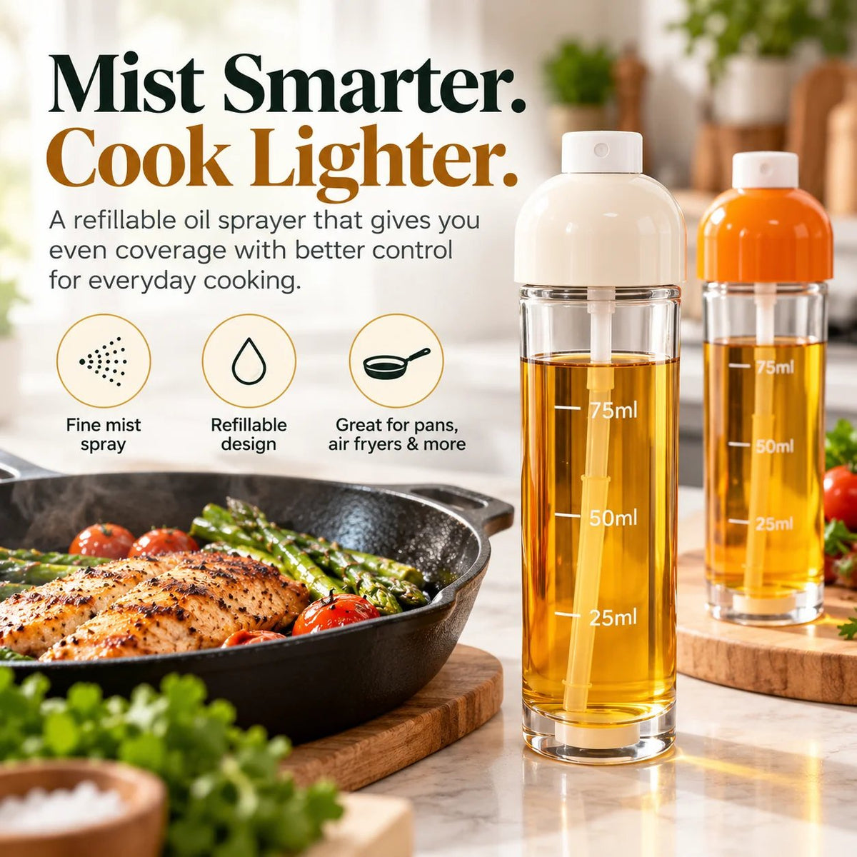 Refillable Fine Mist Olive Oil Sprayer – Even Spray Cooking Oil Dispenser for Air Fryers, Grilling, Baking & Everyday Kitchen Use